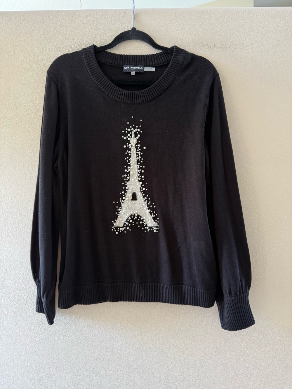 Karl Lagerfeld Black Crewneck Sweater with Pearl Embellished Eiffel Tower